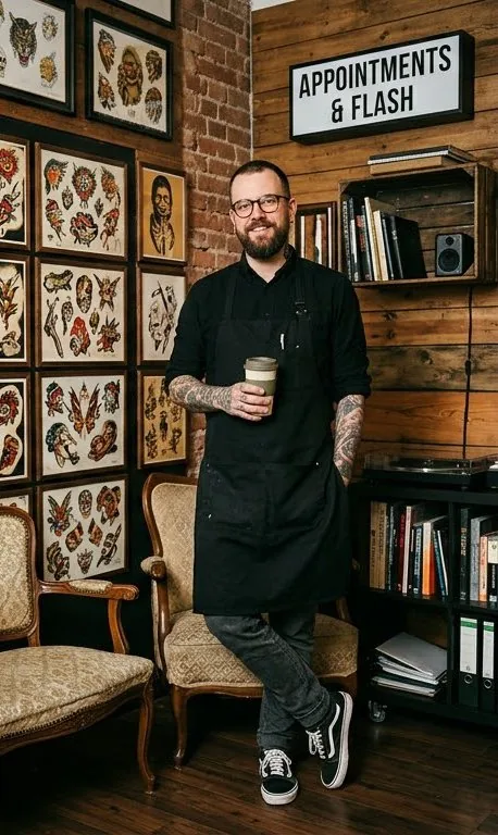 Hannes, Tätowierer mit Brille und Kaffeebecher vor der Flash-Wand