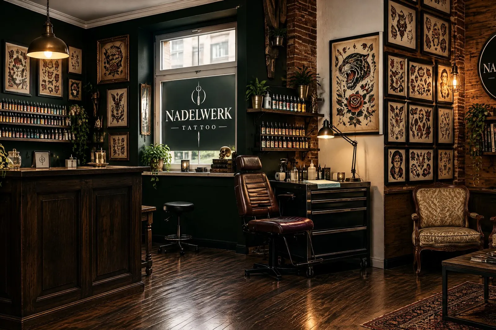 Studio Nadelwerk: Empfangstresen, Fenster mit Logo, Tätowierstuhl und Sessel