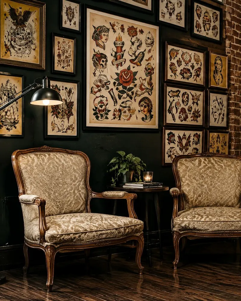 Zwei Barocksessel vor einer Wand mit Flash-Motiven und Bücherregal
