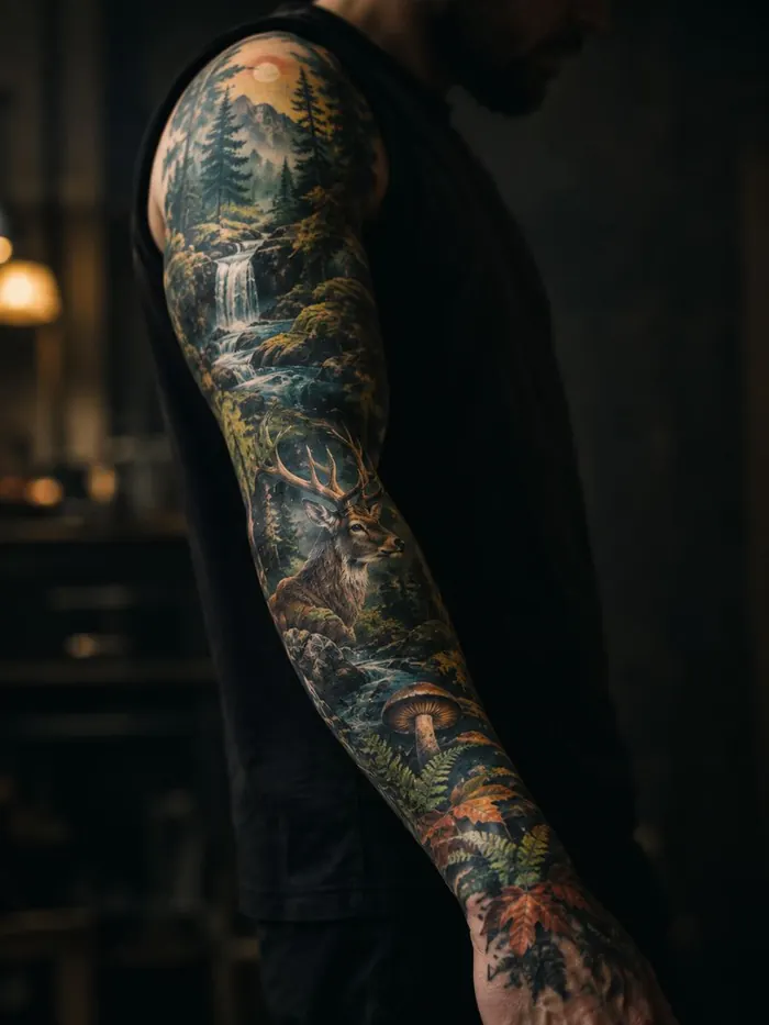 Farbiges Sleeve-Tattoo mit Waldmotiv am Arm
